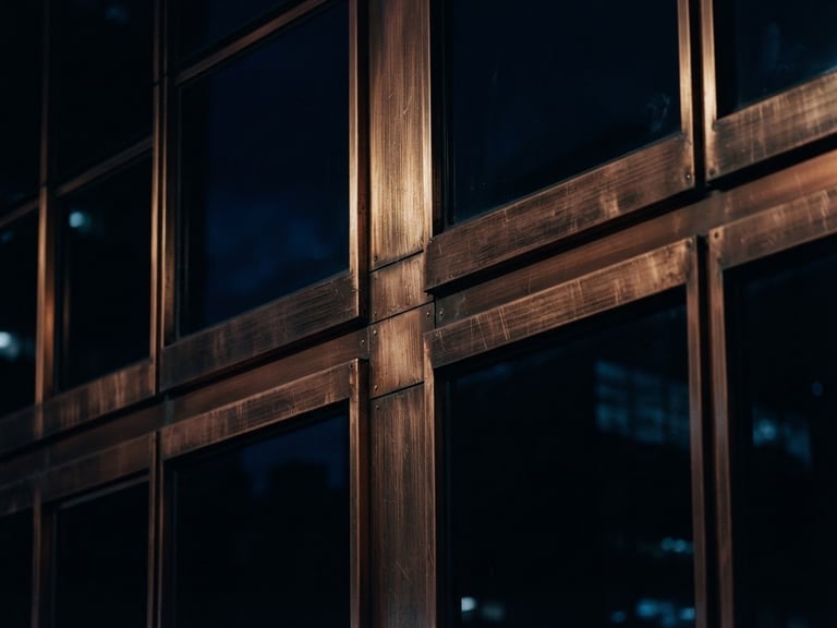 Macro close-up of brushed copper and dark glass architectural facade, dramatic low-key lighting, sharp focus, 35mm