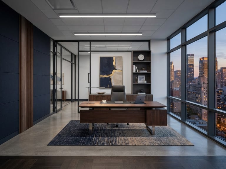 Architectural interior of a modern, high-contrast B2B executive office space, clean studio lighting, cool shadows, warm highlights, structured lines, with a large window on the right side.