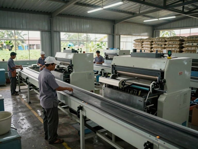 Wide-angle interior of a CTC tea processing factory floor in West Java, conveyor lines and sorting machinery in operation, workers in uniform monitoring production, natural daylight through industrial windows, stacked product bags visible in background