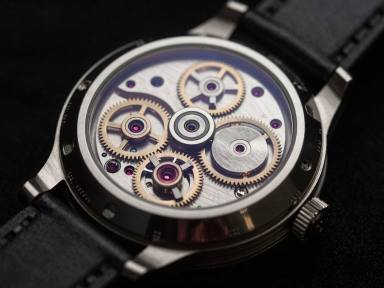 Macro photography of an automatic watch movement through an exhibition sapphire caseback, gears and ruby jewels visible, dramatic low-key lighting.