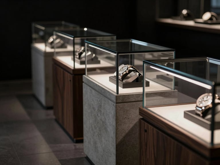 Low-key dramatic studio lighting reflecting off polished concrete and dark wood watch display cases, minimalist luxury showroom, macro focus on metallic details, deep black background