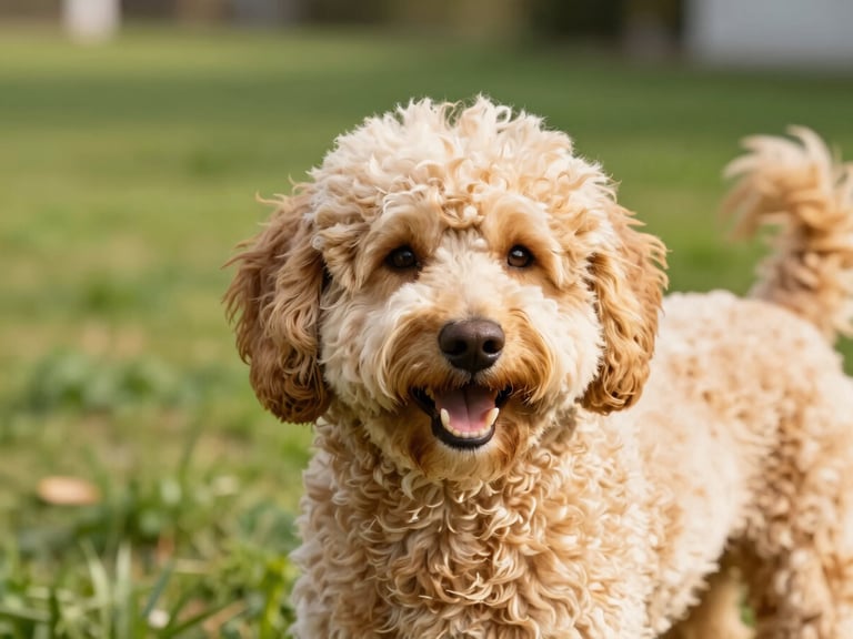A perfectly groomed, fluffy golden doodle dog with a neat teddy bear cut, smiling happily, bright warm natural daylight, 35mm.