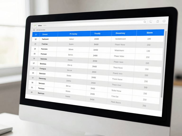 Close-up of a digital schedule grid showing driver names and bus routes on a modern desktop monitor, neutral tones with blue accents, clean tech aesthetic, 50mm