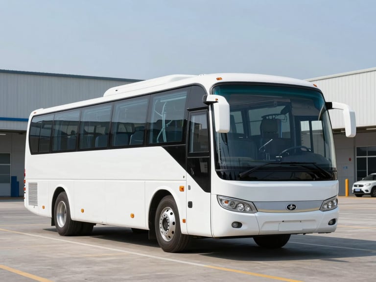 A modern white charter bus parked in a clean logistics terminal under bright natural daylight, crisp details, professional photography, 50mm
