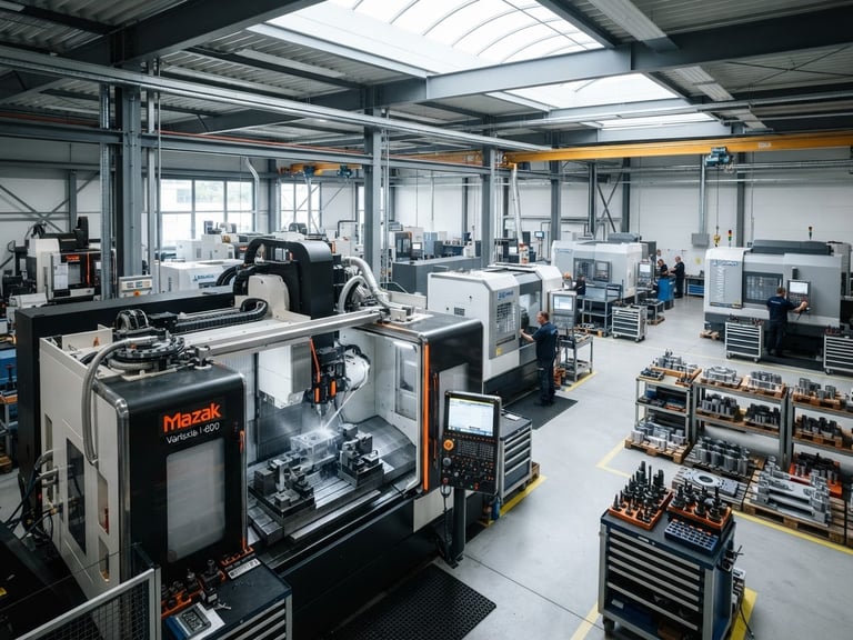 Sharp architectural angle of a modern, clean factory floor with high-contrast cool daylight illuminating precision CNC machinery and organized steel components.