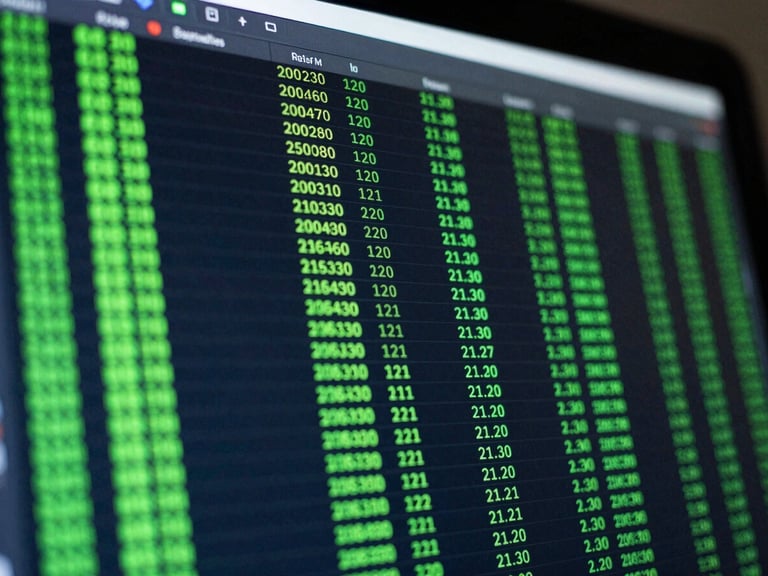 Macro close-up of a high-resolution trading terminal screen displaying clean green code matrices and real-time order logs, low-key cool ambient light