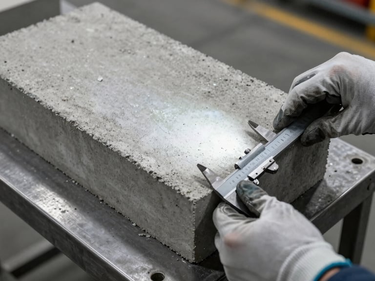 Extreme close-up overhead of a single concrete block surface on a steel production table, textured aggregate visible under cool strobe light, hands in work gloves measuring the block edge with a steel caliper, industrial floor in soft background