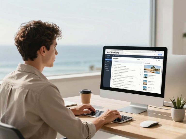 Professional travel agent assisting a client at a clean, modern desk with a computer displaying travel plans, focused, natural daylight, warm desaturated tones, 35mm lens.
