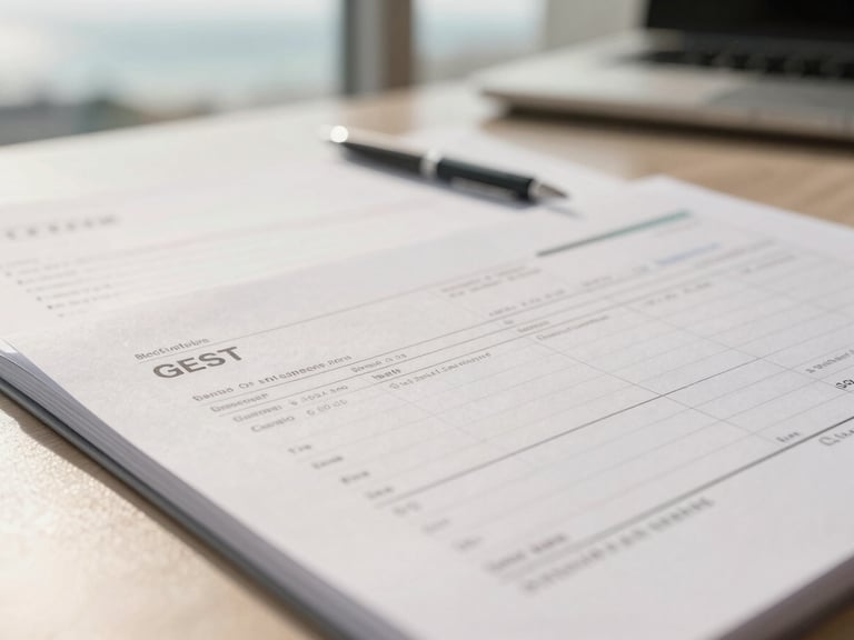 Close-up of a business ledger or invoice with GST details, organized documents, modern office setting, natural daylight, warm desaturated tones, 35mm lens.