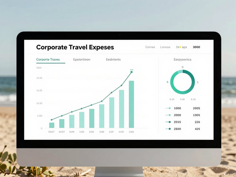Digital dashboard displaying corporate travel expenses, clean UI, analytics, natural daylight, warm desaturated tones, 35mm lens.