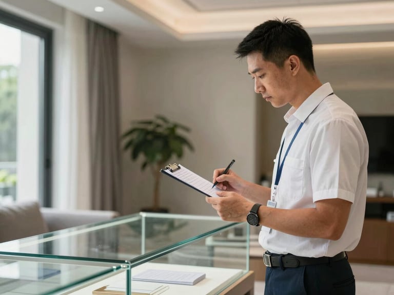 A professional supervisor in a clean uniform inspecting a newly unpacked glass display cabinet inside a modern villa, holding a digital checklist, natural light.