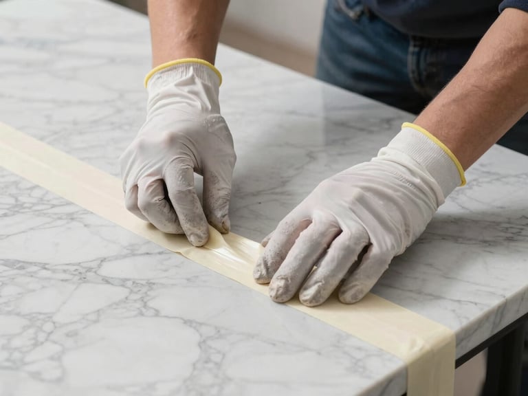 Close-up of hands in protective gloves applying heavy-duty corner guards and precise tape lines to a high-value marble tabletop, bright clean studio lighting.