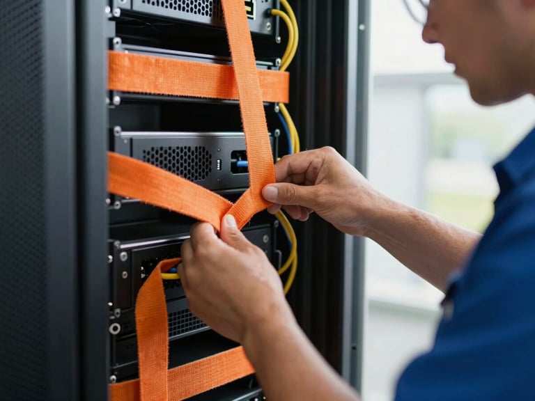 Close-up of professional logistics technician in a clean uniform systematically securing server rack cables with orange velcro straps inside a climate-controlled transport vehicle, bright natural light.