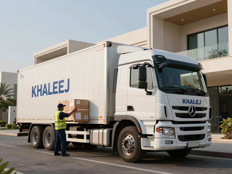 Wide shot of an immaculate, branded Khaleej logistics truck parked outside a modern Jumeirah villa, crew members systematically loading secured cargo under bright morning sun.