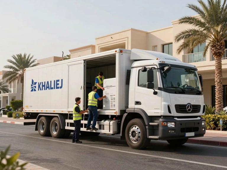 Wide environmental shot of an immaculate, branded Khaleej logistics truck parked in a premium Dubai neighborhood, crew systematically loading climate-insulated cargo bay, bright morning sun.