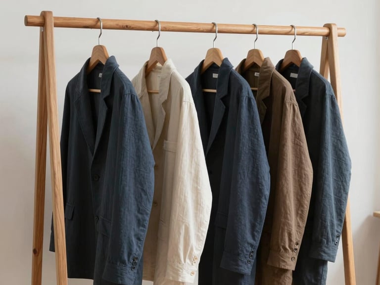 A minimalist wooden rack displaying finished contemporary garments in soft driftwood and deep slate tones, natural studio lighting.