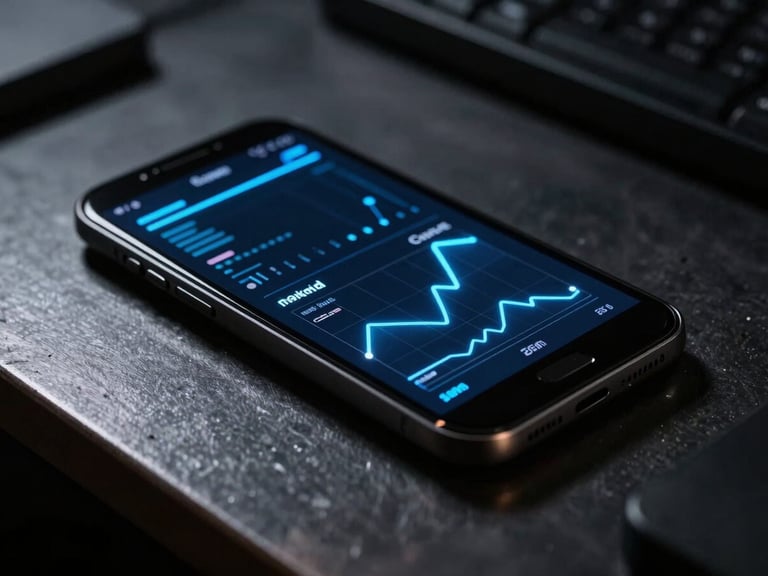 Macro photograph of a sleek physical Android device resting on a dark steel workbench, screen displaying live hardware metric widgets with neon blue graphs, low-key dramatic lighting.