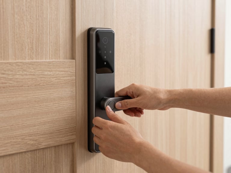 Close-up of a smart lock being installed on a modern wooden door, clean hands, natural daylight, interior setting