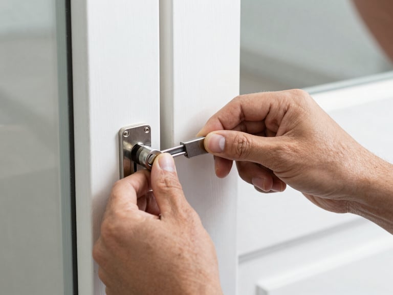 Close-up of a locksmith repairing a damaged door frame and lock after a break-in, focus on meticulous repair, natural daylight