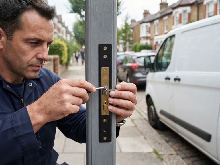Professional locksmith in branded uniform, hands working on a modern door lock, with a clean service van partially visible in the background on a UK residential street, natural daylight.
