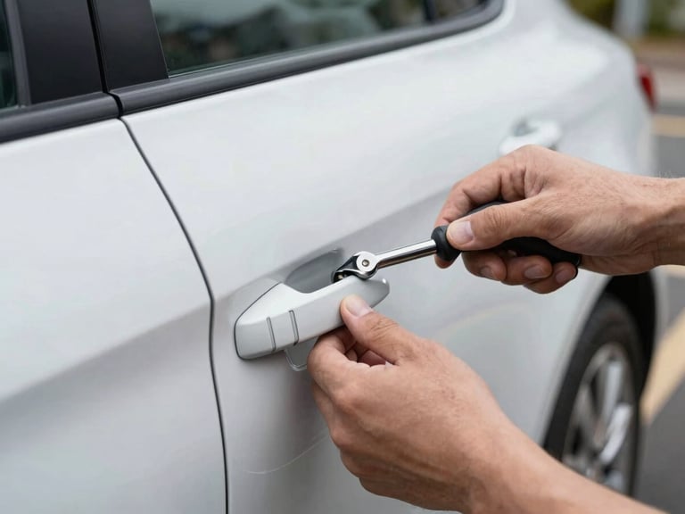Close-up of a locksmith's hands working on a modern car door lock, professional tools, natural daylight, UK street setting