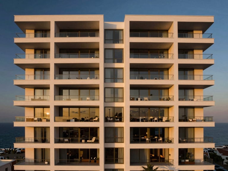 Architectural shot of a modern luxury apartment building facade in Malabata Hills, white clean geometric lines, large glass terraces facing the sea, twilight lighting.