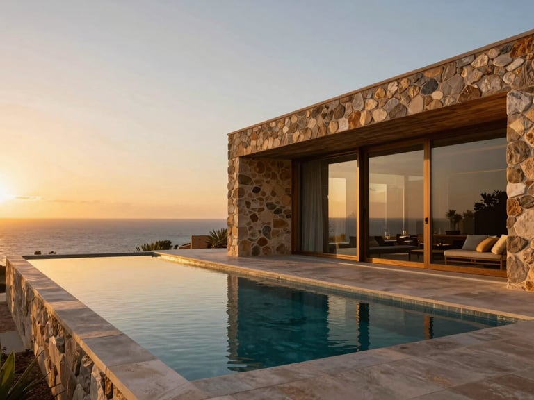 A luxury minimalist villa in Mnar, Tangier, stone and wood exterior, infinity pool blending with the Mediterranean horizon, warm golden-hour sunset.
