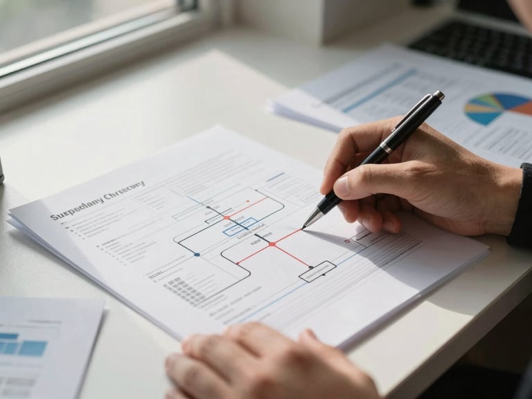 Close-up of a strategy document spread across a clean desk under natural window light, hands annotating a channel map with a pen, analytics printouts visible at the edge of frame