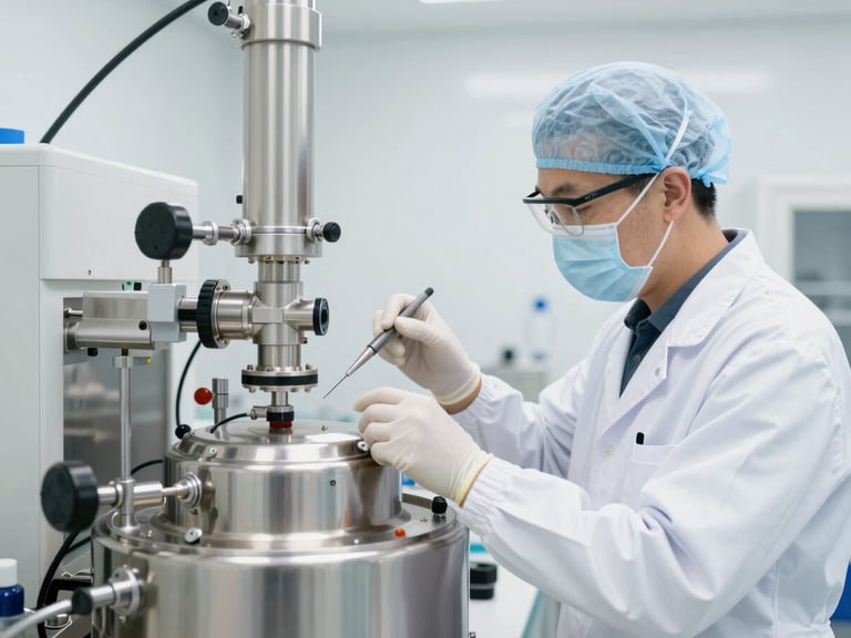 Factory-trained engineer performing preventive maintenance on a bioprocess bioreactor, sterile environment, clinical white lighting, sharp focus.