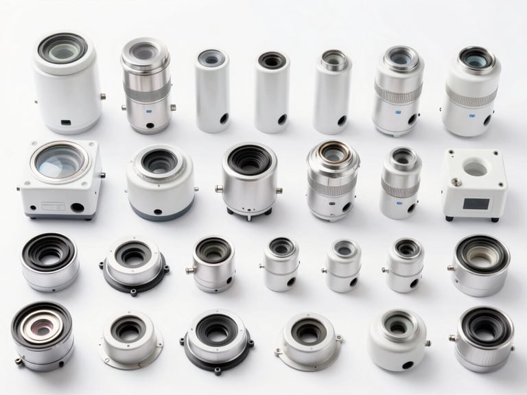 Organized display of genuine spare parts for scientific equipment, sterile white background, high-key lighting.