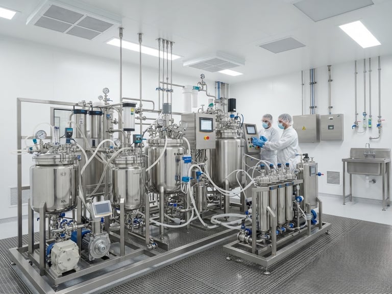 Wide cleanroom perspective showing a sterile stainless steel bioprocessing setup under bright clinical white light, sharp focus, 50mm lens.