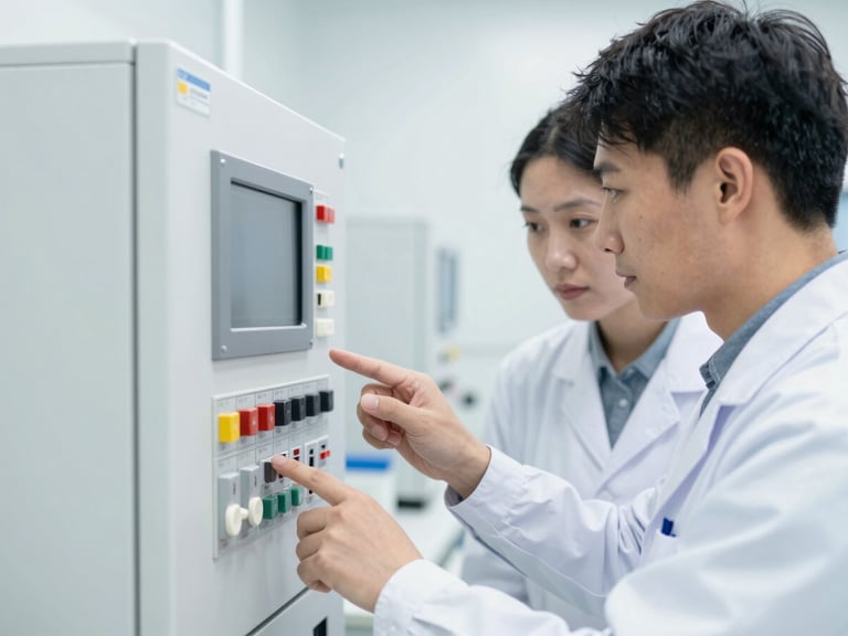 Close-up of an engineer guiding a lab technician on a control panel of analytical instrument, cleanroom setting, bright clinical lighting.