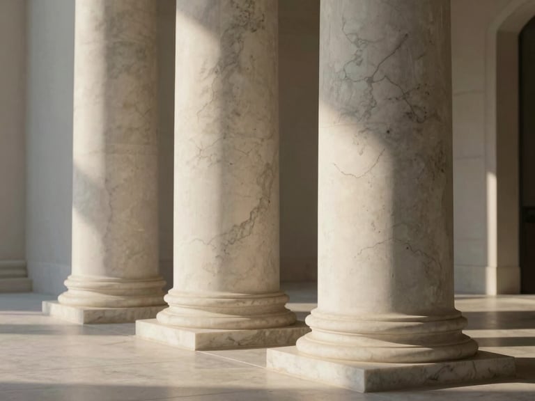 Close-up of a minimalist travertine marble colonnade bathed in soft morning light, architectural shadow play, high-end raw material texture