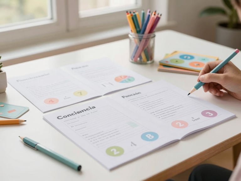 Mesa organizada con hojas de trabajo de conciencia fonológica, juegos de memoria y actividades de atención, con lápices de colores y luz de ventana.