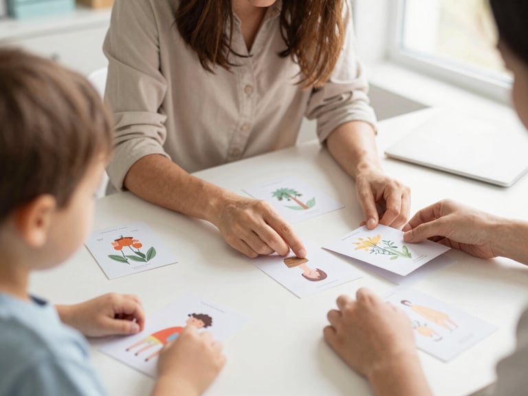 Fonoaudióloga guiando a un niño pequeño a seleccionar tarjetas de vocabulario ilustradas, con luz natural suave, enfoque en las manos y el material.