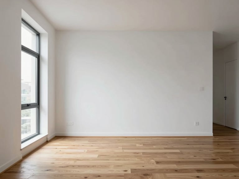 Architectural interior photography of a newly renovated modern living room, soft natural window light, crisp white walls, perfectly aligned oak flooring, minimalist furniture, sharp focus, 35mm