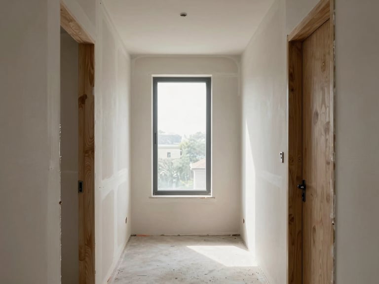 Architectural interior photography of a clean, minimalist hallway under construction, perfect drywall joints, crisp plaster lines, natural morning window light, 35mm