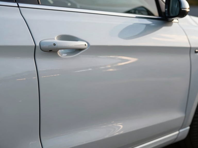 Car door panel post-repair gleaming under cool north-facing daylight, the previously dented area now flush and smooth, original factory paint reflecting light cleanly, close-up framing on the repaired surface