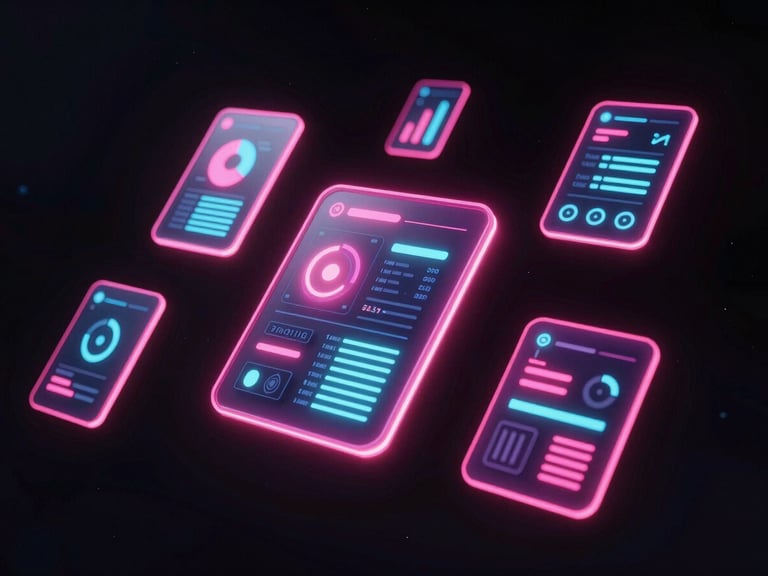 3d render of holographic UI cards displaying glowing metrics and neon pink borders floating in dark space