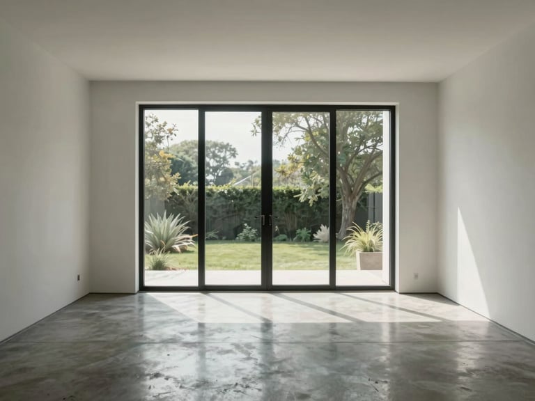 Minimalist residential interior flooded with natural light, clean lines, polished concrete floor, large black-framed window.
