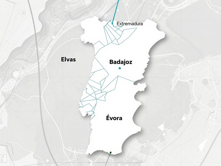 Top-down architectural graphic map of the Extremadura and Portugal border region, highlighting Badajoz, Elvas, and Évora with clean cyan lines and slate grey tones, minimalist technical aesthetic, sharp focus.