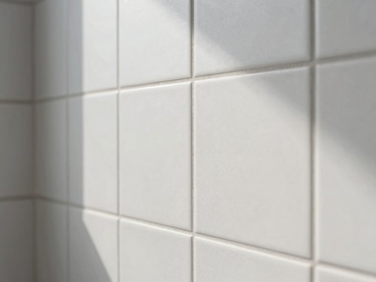 Close-up macro of perfect tile alignment in a modern bathroom, clean grey joints, bright natural daylight, crisp focus.