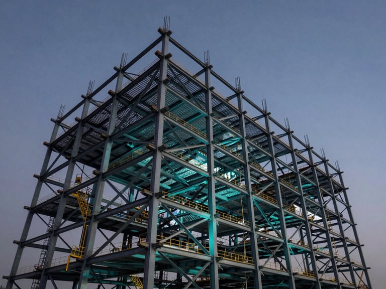 Low-angle shot of a massive structural steel framework mid-erection against a dark twilight sky, cyan highlights