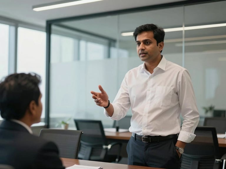 Wide environmental shot of a South Asian man in a crisp white shirt standing at a glass-walled office boardroom, mid-sentence, one hand gesturing toward a colleague — natural overhead fluorescent diffused with window light, modern Karachi or Mumbai corporate interior, slightly blurred background