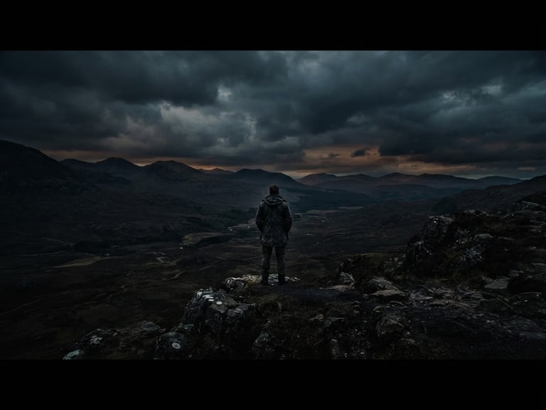 Dramatic wide anamorphic cinema still, low-key lighting, rich dark tones, 35mm, a solitary figure standing on a vast dark landscape under a moody sky