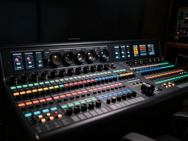 Dramatic low-key studio lighting reflecting off a professional color grading console, high-contrast anamorphic lens view, rich dark tones, 35mm
