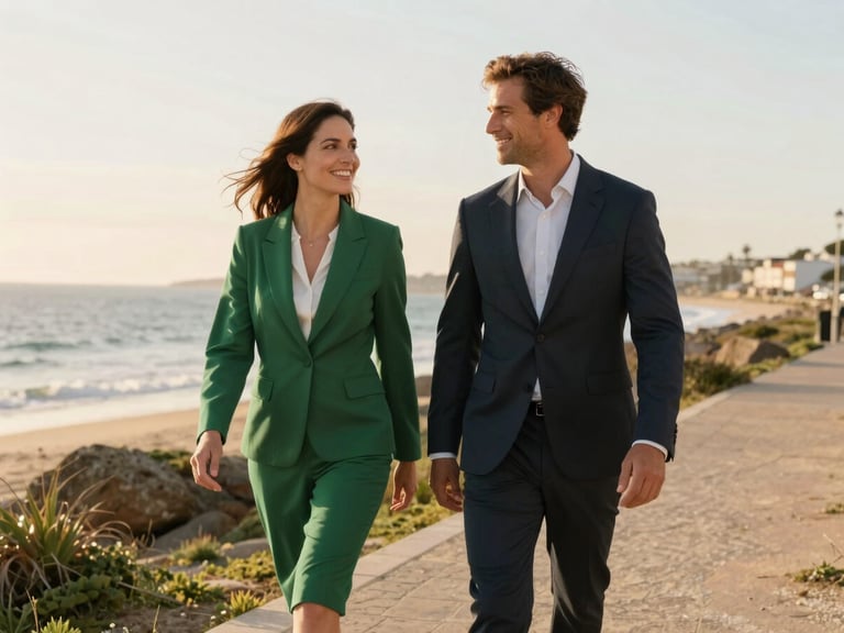 A happy professional couple walking freely on a sunny coastal path in Portugal, looking relaxed and healthy, warm sunset light, representing freedom and success