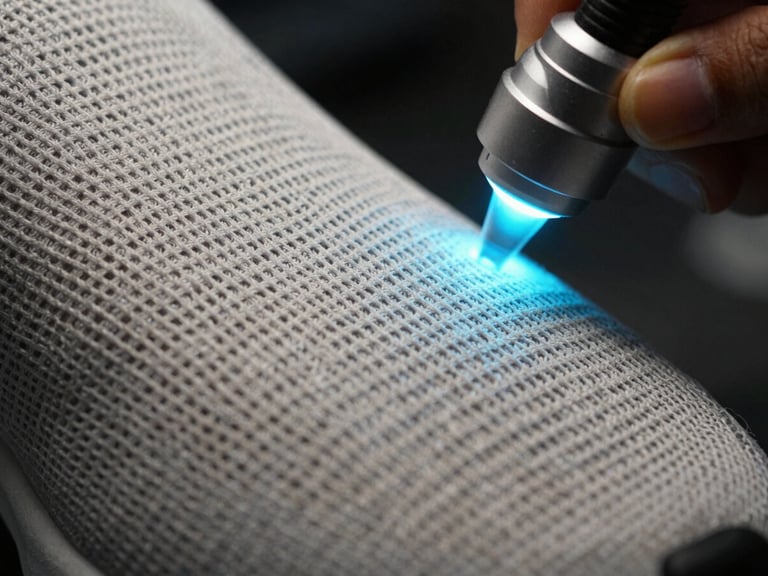 Extreme close-up of a premium sneaker mesh fabric being scanned by an electric cyan light beam inside a dark laboratory, sharp focus on texture
