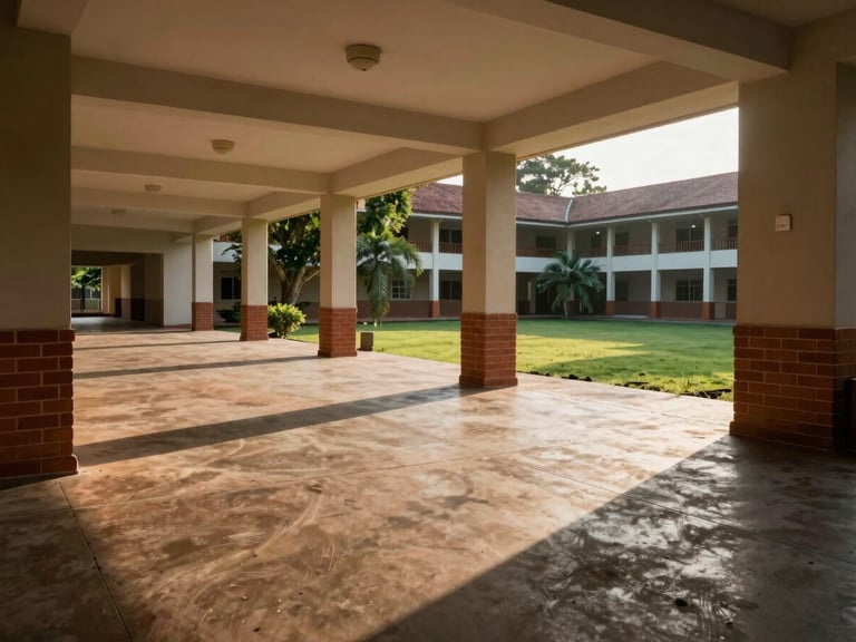 Wide environmental shot of an open-air corridor at The Colombo Academy, polished concrete floors, terracotta brick accents, lush green courtyard seen through columns, dramatic afternoon shadows