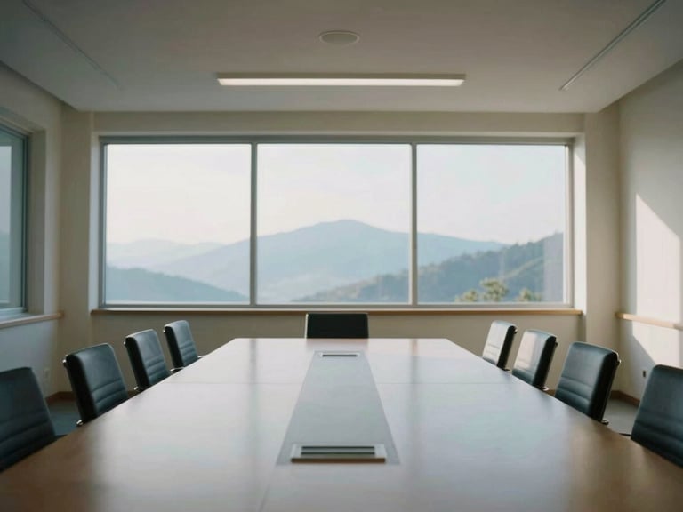 A quiet, empty refined meeting room overlooking distant mountains, cool morning daylight, editorial composition.
